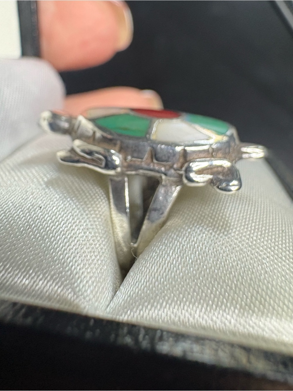 Ring Zuni Turtle 925 Sterling Silver Vintage Turquoise Coral Mother-of-Pearl - Picture 2 of 8
